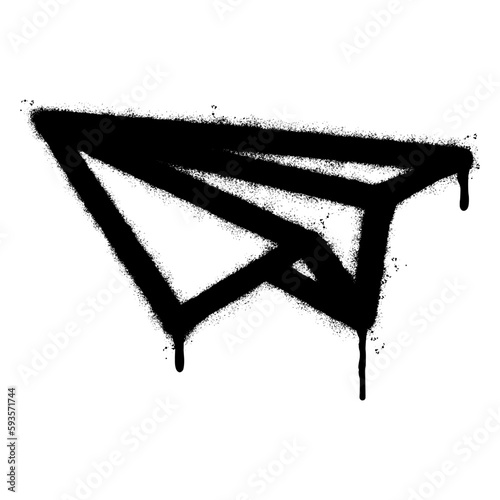 Spray Painted Graffiti paper airplane Sprayed isolated with a white background. graffiti paper airplane icon with over spray in black over white.