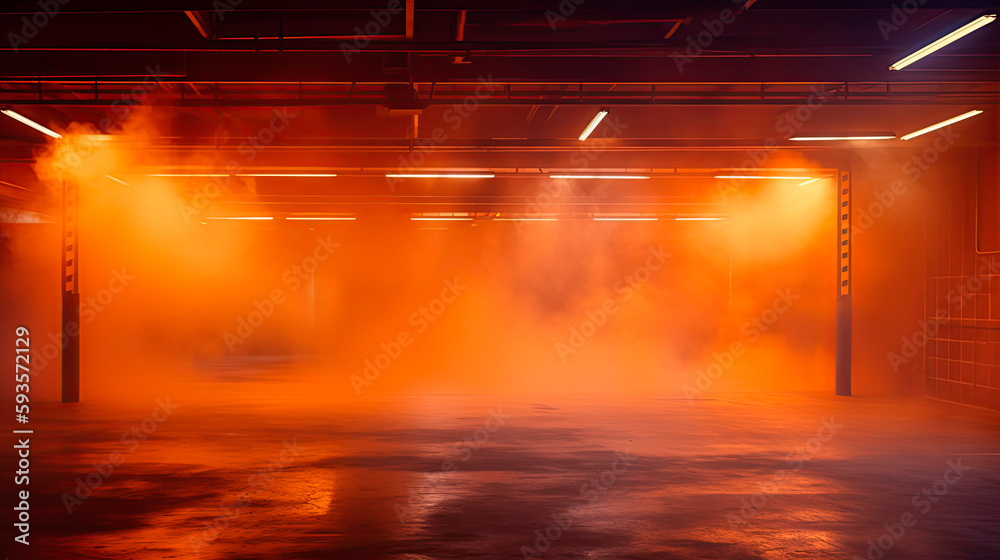 Empty illuminated underground parking lot with orange smoke and tube lights