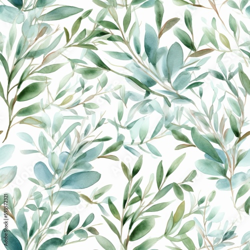 Watercolor botanical plan , a composition of green clears out and branches.Seamless pattern, AI Generated
