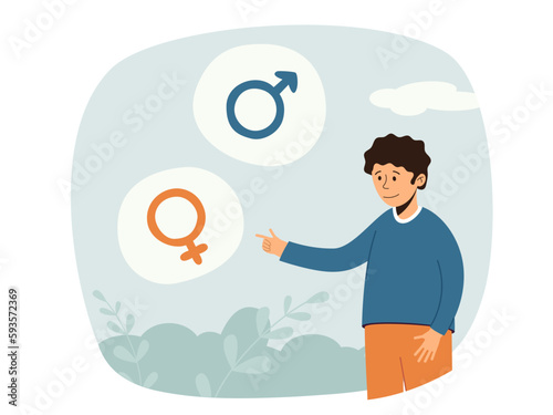 Gender identity transition concept. Boy makes a choice about her gender identity. Gender reassignment. People on thought bubbles with male and female icons in the background. Isolated vector.