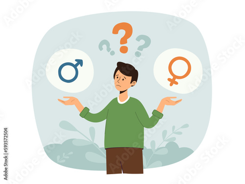 Concept of gender equality, sexuality or identity. Thoughtful man with masculine and feminine symbols in thought bubbles. Guy pondering gender roles. Isolated vector illustration.