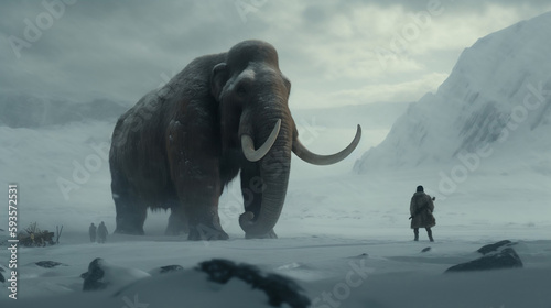 Journey Through Time  A Human-Mammoth Meeting in the Snow. Generative ai