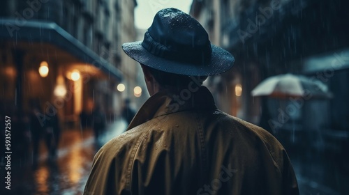 A Dash of Rainy Glam: Hat-Wearing Trendsetter on the Street. Generative ai