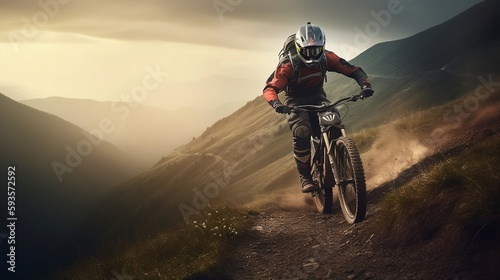 Peak Performance: Biking Expert Conquers the Mountains. Generative ai © Andrii