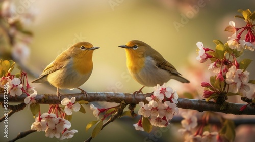 Avian Affection: A Pair of Robins on Their Favorite Perch. Generative ai