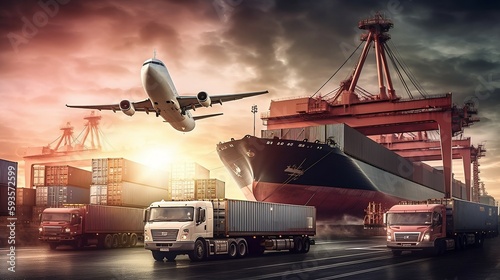 Logistics network with airplane, ship, cargo truck. Generative ai photo