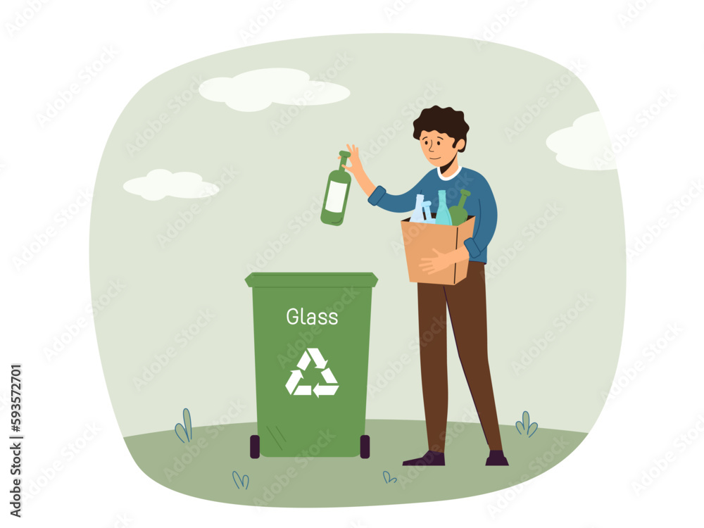 Man sorting the garbage. Boy throws glass trash in a trash can. Care for environment. Trash can or recycling and reuse container. Isolated vector illustration.