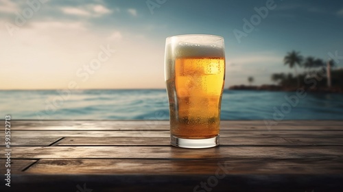 Sip of Paradise: A Glass of Cold Beer on the Exotic Beach. Generative ai