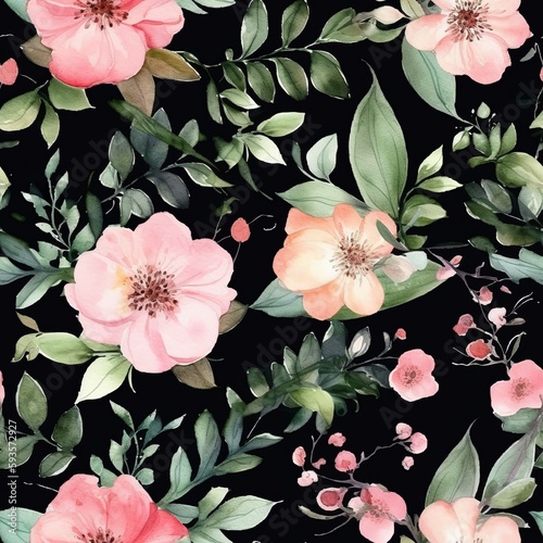 Watercolor botanical trance in - pink gotten to be flushed makes components  green clears out branches on dim dim establishment.Seamless pattern  AI Generated