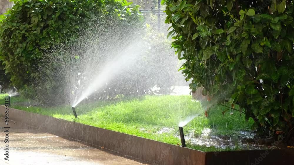 Close-up of an automatic lawn watering system on a street in the city. Close-up of an automatic lawn watering system on a street in the city.