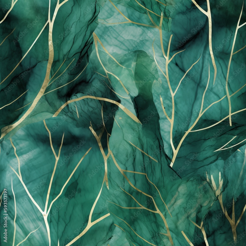 An disorienting and advanced organize with uncommon green watercolor clears out, fluid marble surface, and a brilliant line . Seamless pattern, AI Generated