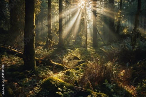 Sun rays in the forest. Generative AI