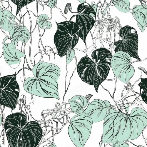 A arrange tallying green, gloomy, and white philodendron plants with creepers on a white foundation . Seamless pattern, AI Generated © BLACK AND WHITE LOGO