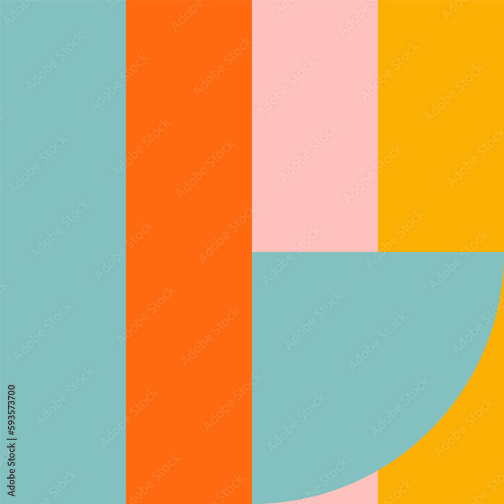 Simple geometric seamless pattern. Modern abstract background with circle, semi circle, square, rectangle stripe shapes in pastel colors.