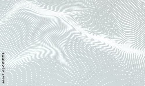 Gray and white abstract background with flowing particles. Big data visualization digital dynamic wave of particles. Dots particles wave pattern. Technology, science, music, modern. Vector EPS10.
