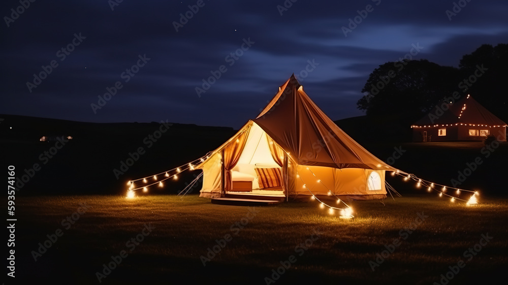 Glamping is luxurious glamorous camping. Glamping in a beautiful countryside at night. Generative AI