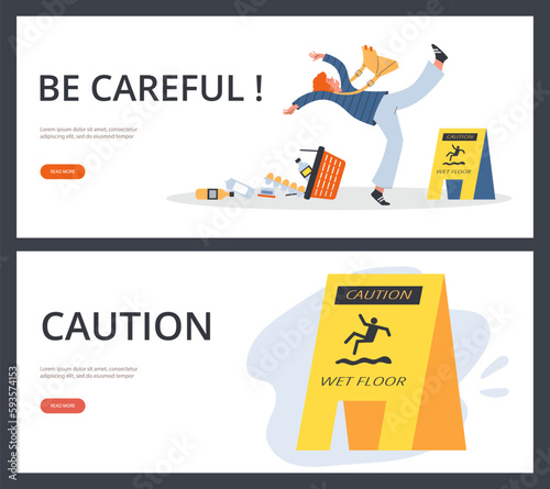 Wet floor caution yellow sign, web banners set - flat vector illustration.