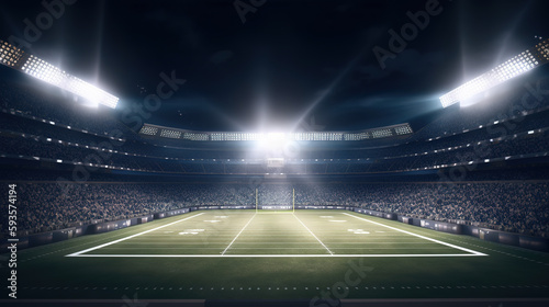 American football stadium 3d with bright floodlights at night. Generative AI.