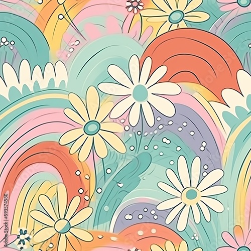 Make a odd and strong solid organize with pastel rainbow colors, highlighting hypothetical daisy makes and unessential doodle rainbows . Seamless pattern, AI Generated photo
