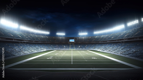 American football stadium 3d with bright floodlights at night. Generative AI. photo