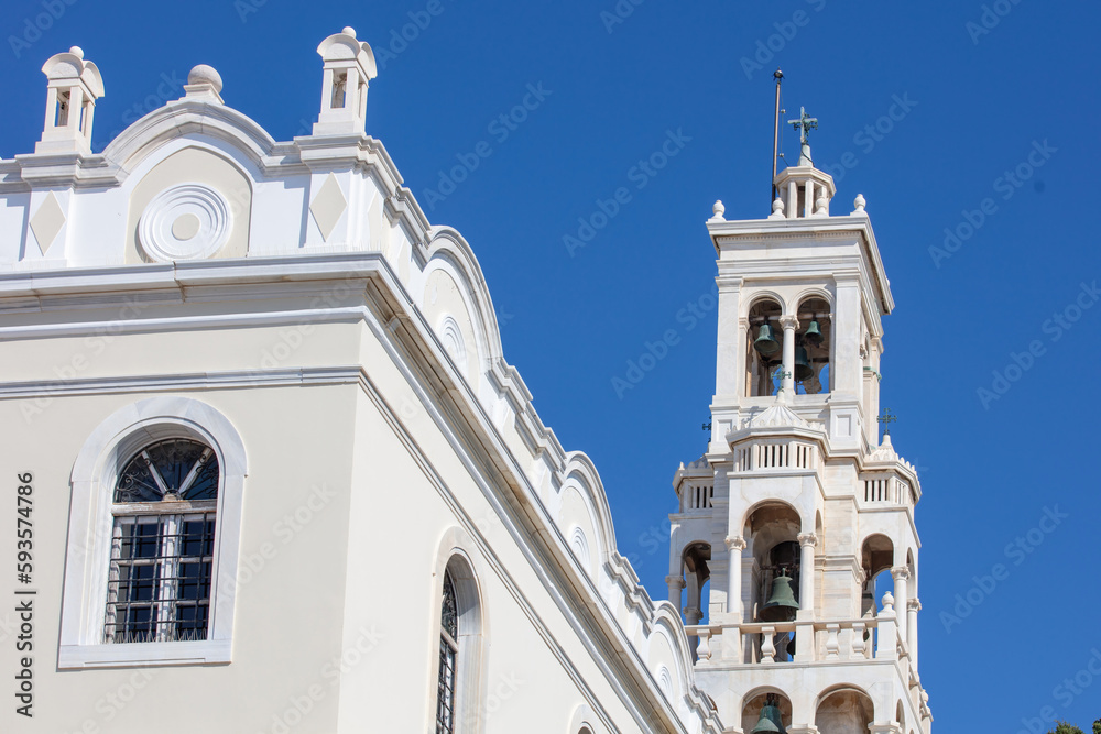Tinos island, Cyclades, Greece. Evangelistria Greek Orthodox Church, blue sky