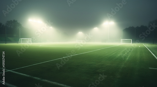 3D green soccer field with bright floodlights and haze. Generative AI.