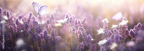 lavender flowers in a field with the sun shining through them. Generative Ai