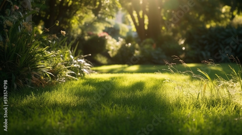 sunlight shines through a lush green lawn. Generative Ai