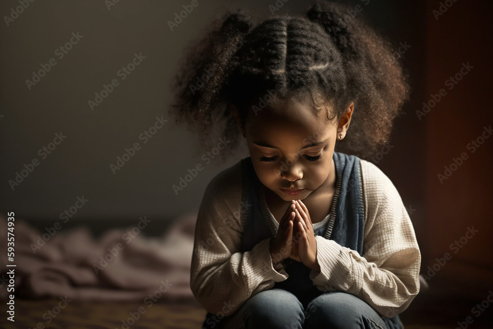 Portrait of young African American girl in prayer Stock Illustration