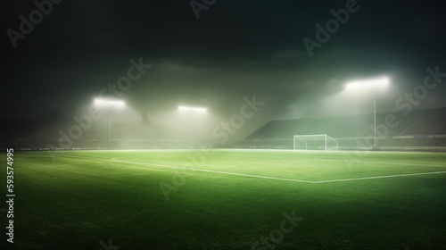 3D green soccer field with bright floodlights and haze. Generative AI. © zaschnaus