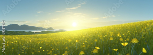 field full of yellow flowers under blue sky, concept art, sunrise light, illustration. Generative Ai © PETR BABKIN