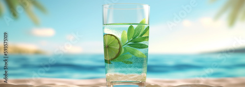 a glass of water on top of a sandy beach, super realistic food image, blue and green water. Generative Ai