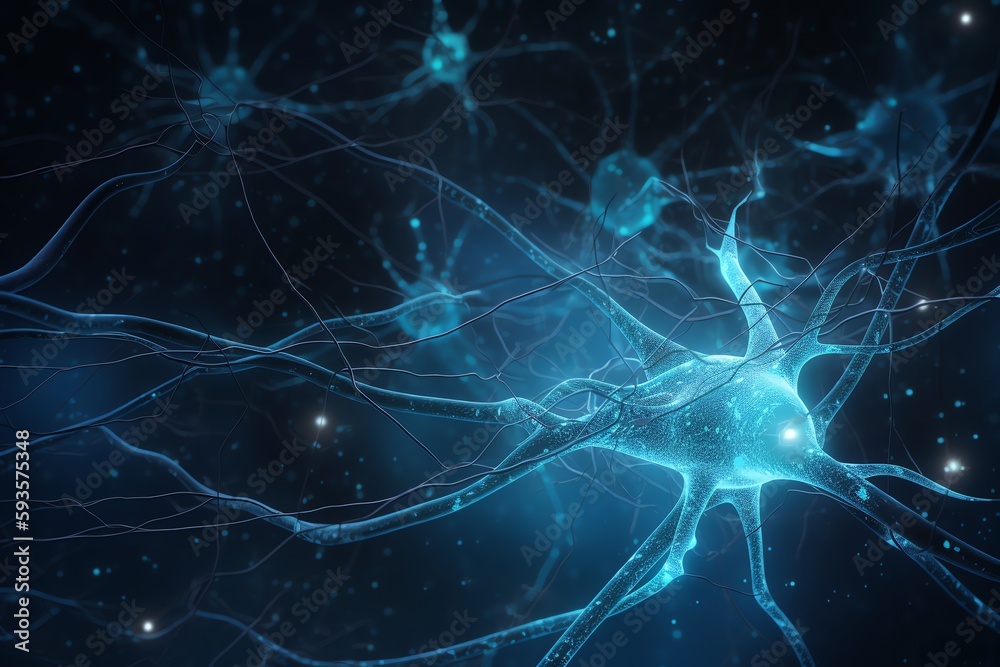 Blue nerve cell banner for brain biology. Generative AI