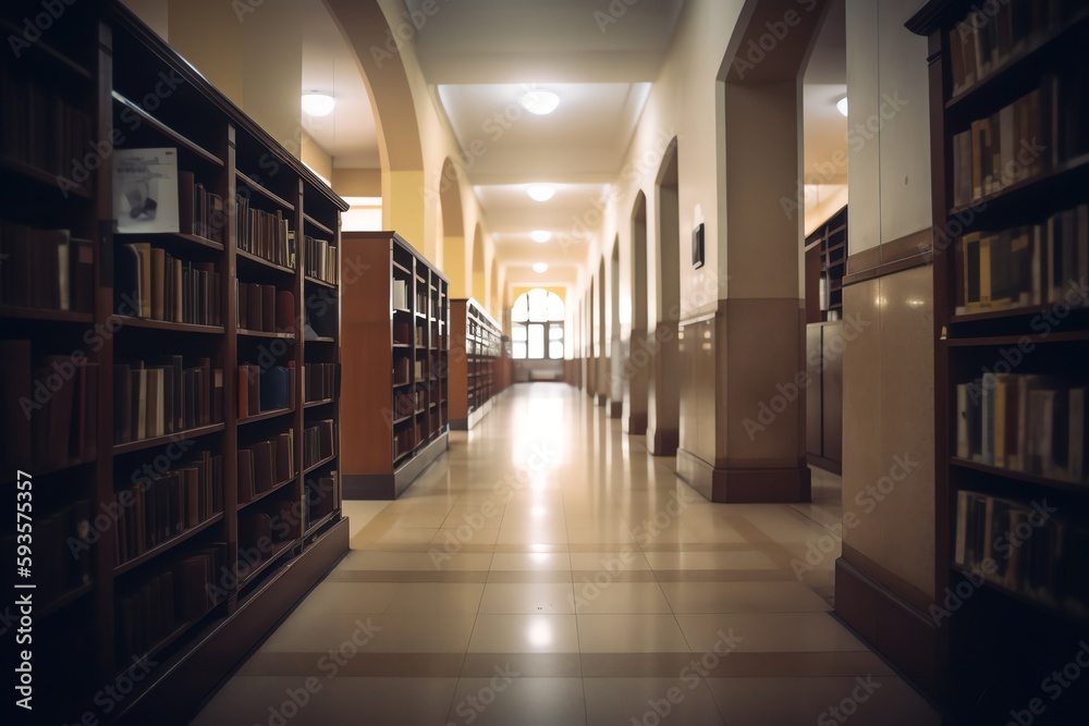 Blurry college library interior for background use. Generative AI