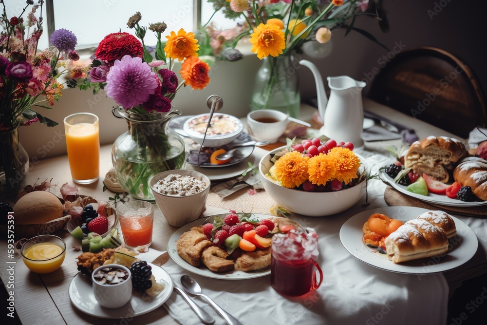 Breakfast on flower-decorated table. Generative AI
