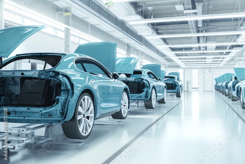 Automotive digitalization. High-tech EV assembly line with Industry 4.0, 5G, and IoT. Generative AI