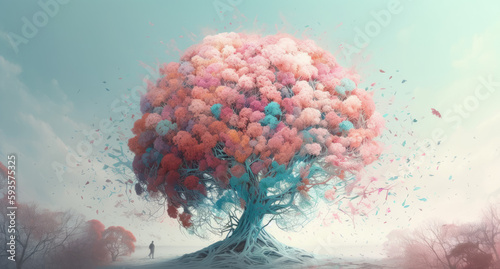 Imaginative abstract artwork featuring a dreamy, colorful tree, infused with cloudpunk and rococo pastel aesthetics for a fantastical visual experience, generative AI