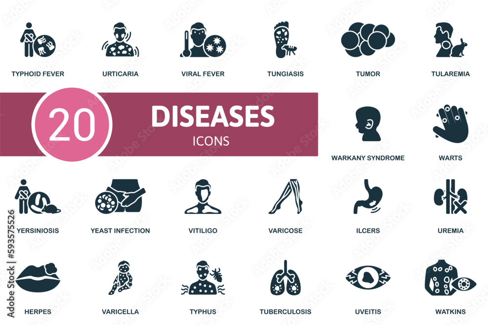 Disease set. Creative icons typhoid fever, urticaria, viral fever