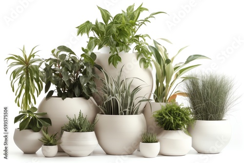 Collection of plants in ceramic pots on white background  3D render. Generative AI