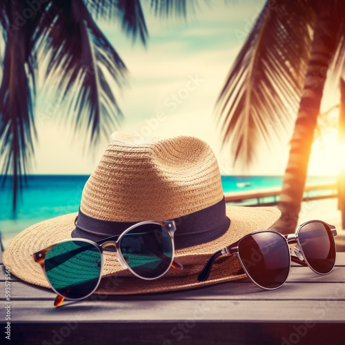 hat and sunglasses sit on a wooden table, picture, romanticism, tropical beach paradise, in retro colors, cool glasses, sun shine. Generative Ai