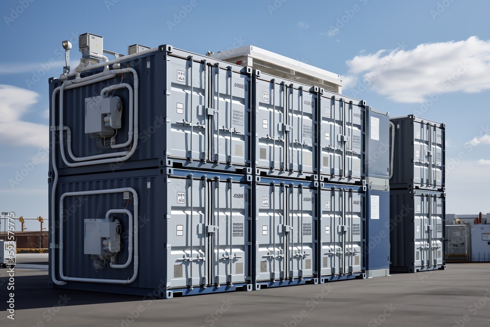 Energy storage. Hydrogen-powered battery container unit. Generative AI - obrazy, fototapety, plakaty 