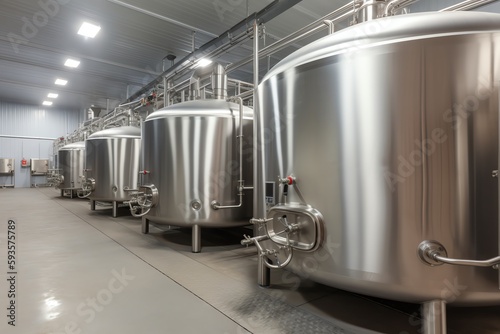 Dairy plant equipment. Stainless steel tanks. Generative AI