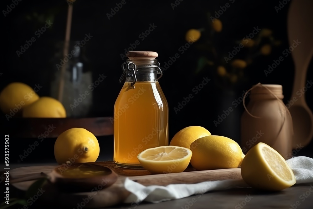 Honey bottle and lemon on table. Generative AI Honey bottle and lemon on table. Generative AI