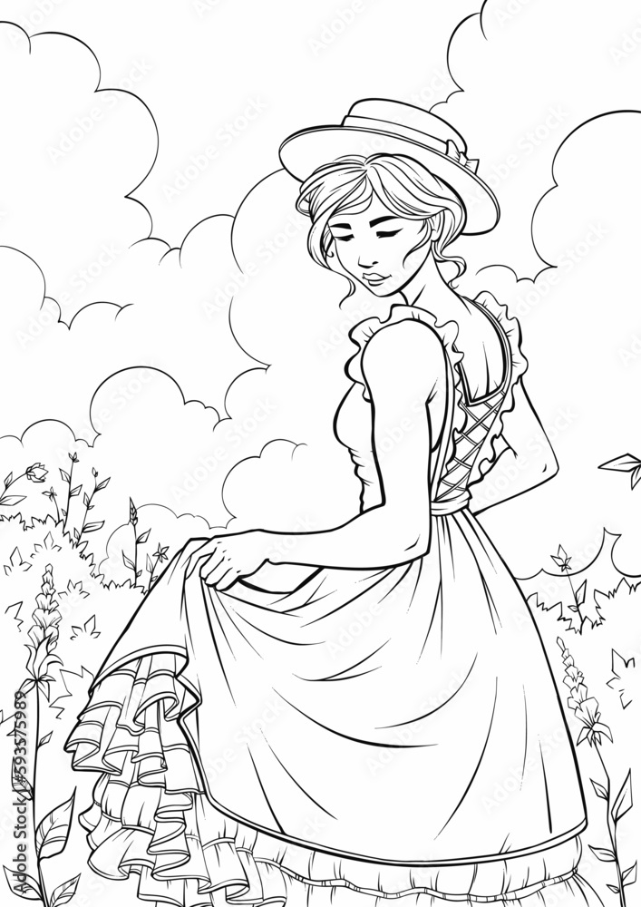 Vector illustration, beautiful girl in the garden, coloring book. Stock ...