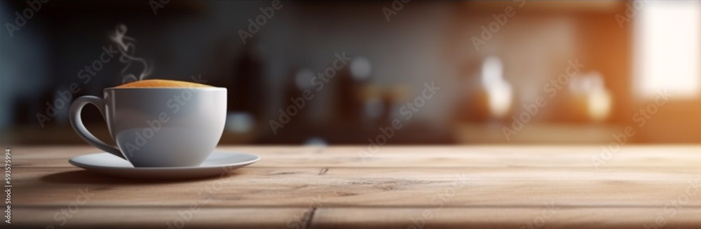 cup of coffee sitting on wooden table, kitchen background. Generative Ai