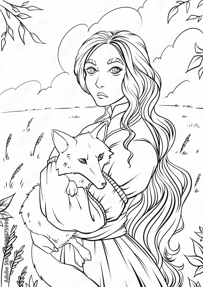 handsome young woman with fox standing and looking away against rural landscape with fields and trees for your coloring book