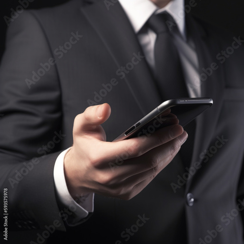 a man in a suit holding a mobile phone, artist, close-up, against a dark background, impeccable detail, platforms. Generative Ai