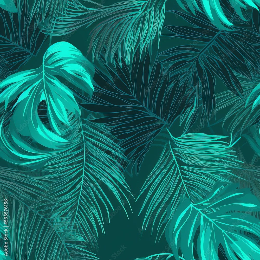 sensible organize checking dumbfounding turquoise and green tropical takes off with palms . Seamless pattern, AI Generated