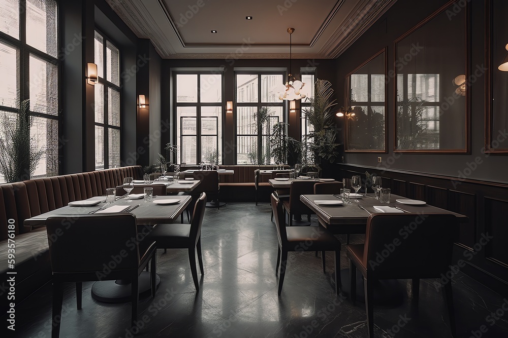 Luxury restaurant with tables ready. Generative AI