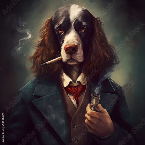 Spaniel dog smoking cigar